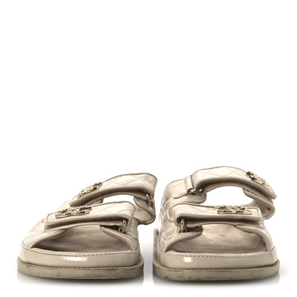 Chanel Shiny Calfskin Quilted Velcro Dad Crystal CC Slide Sandals 39 Beige 2 of 13