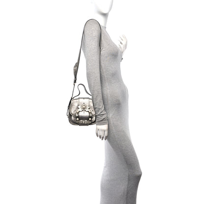 Miu Miu Goatskin Madras Soft Calfskin Crystal Embellished Dahlia Shoulder Bag Chrome 2 of 13