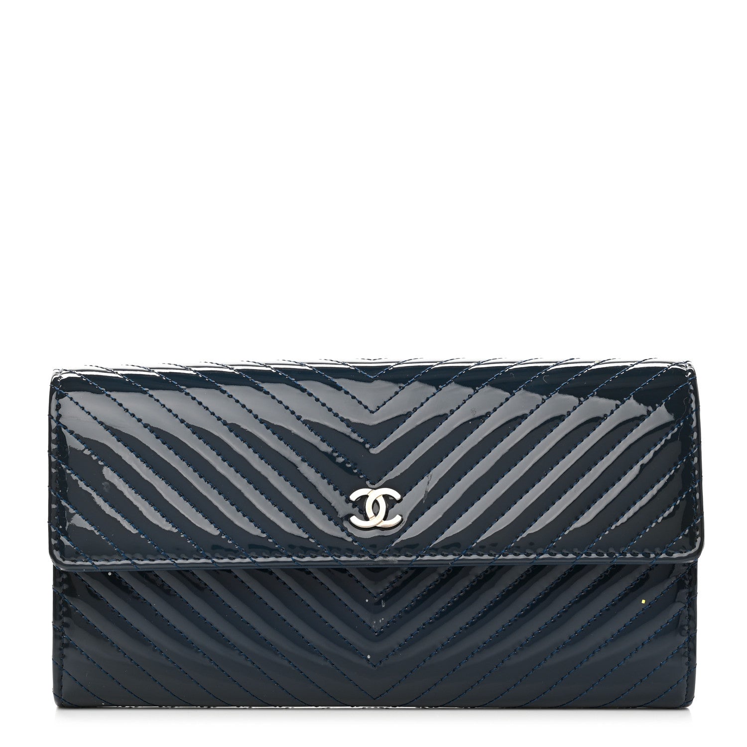 Chanel Patent Chevron Quilted Large Gusset Flap Wallet Navy 1 of 10
