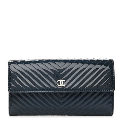 Chanel Patent Chevron Quilted Large Gusset Flap Wallet Navy 1 of 10