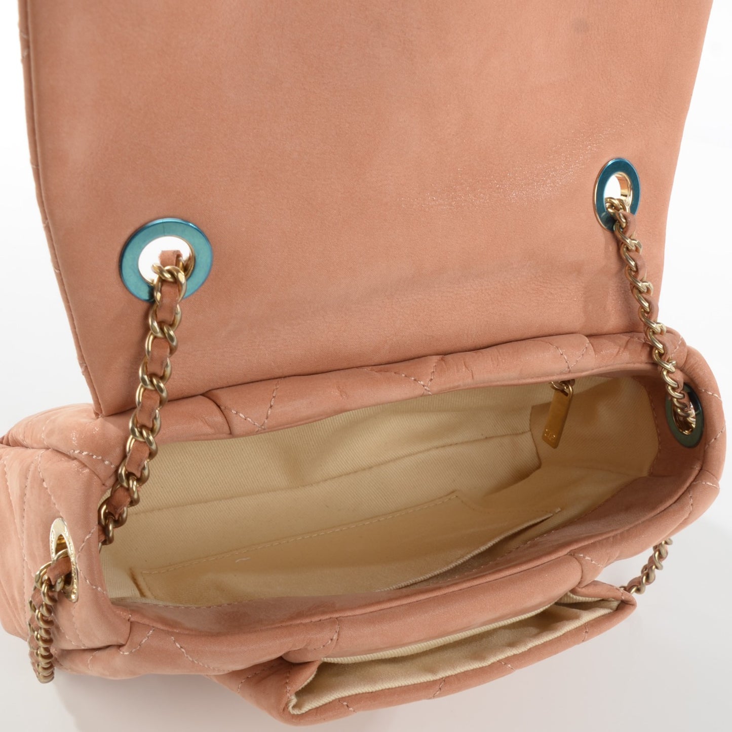 Iridescent Calfskin Chic Quilt Small Flap Beige