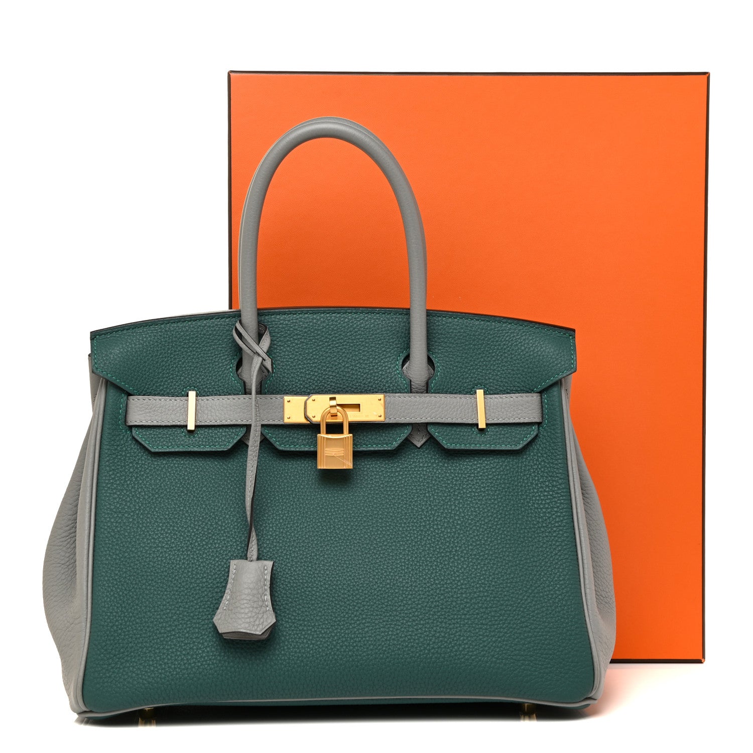Hermes Togo Bi-Color Horseshoe Birkin 30 Malachite Gris Mouette 17 of 17