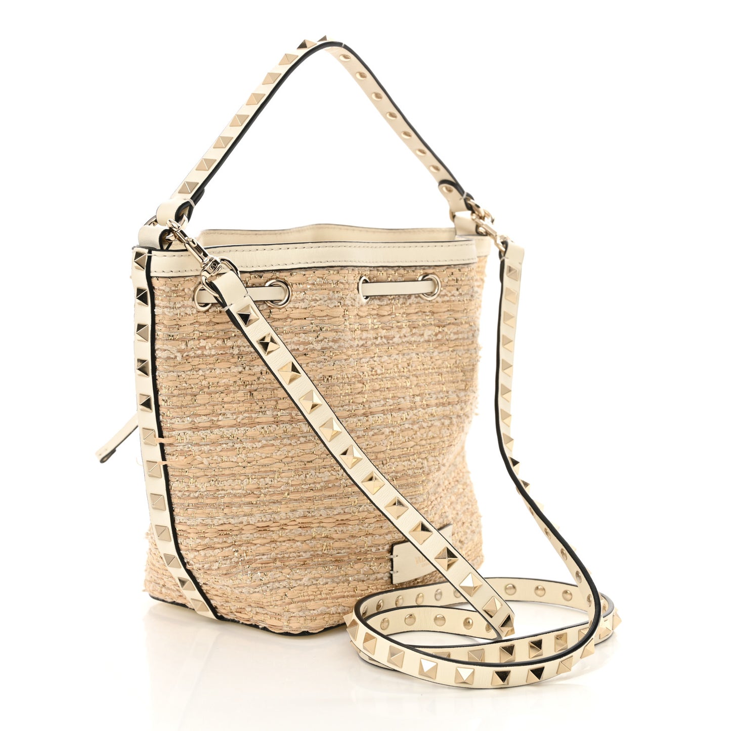 Metallic Boucle Raffia Calfskin Rockstud Drawstring Bucket Bag Ivory Gold