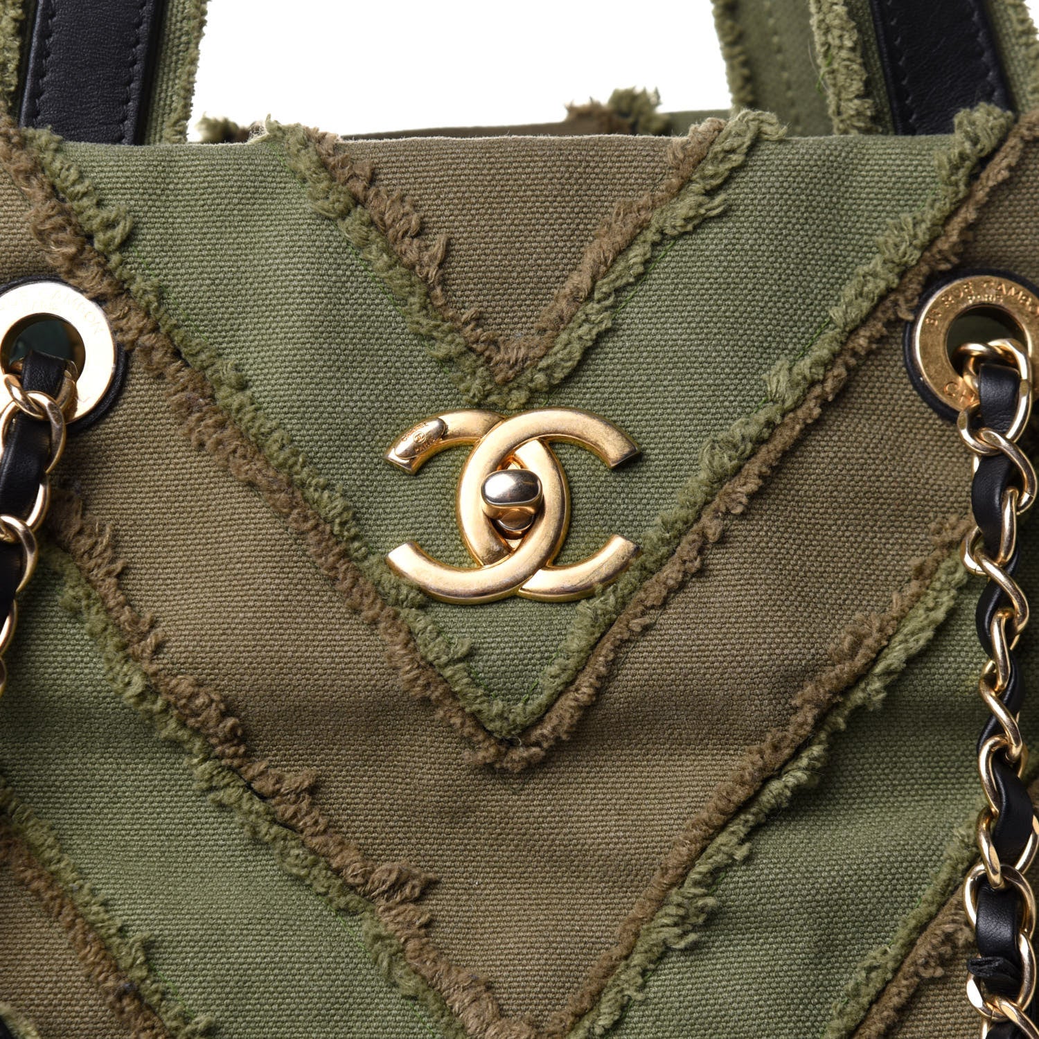 Chanel Canvas Chevron Cuba Patchwork Shopper Tote Khaki 8 of 10