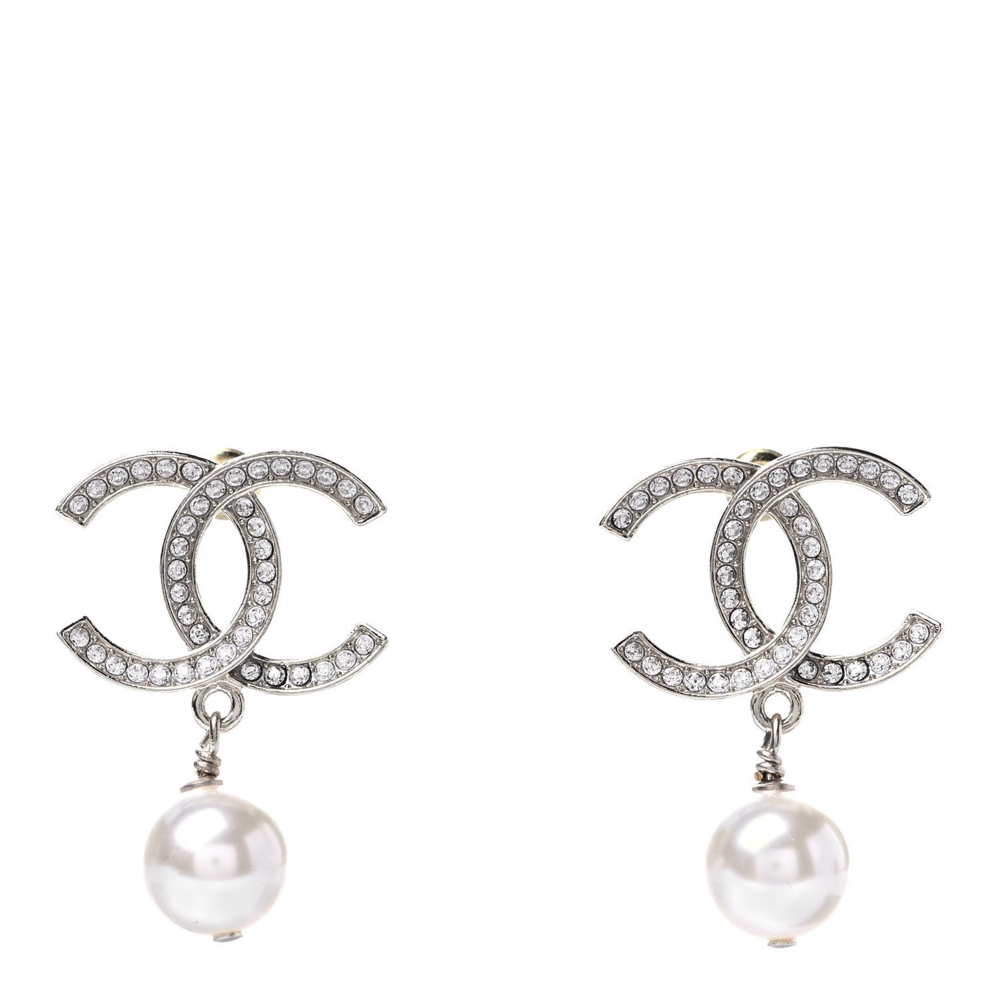 Crystal Pearl CC Drop Earrings Silver