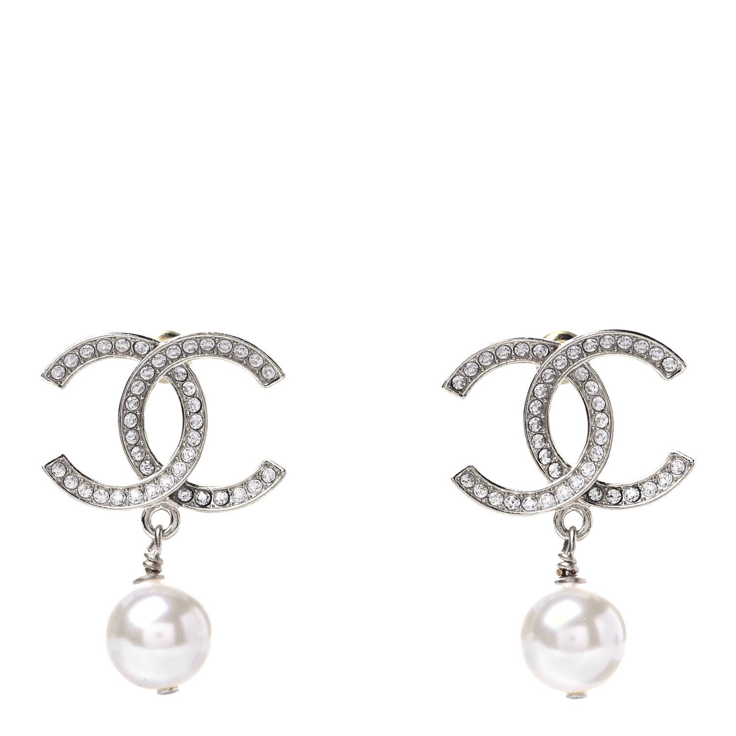Chanel Crystal Pearl CC Drop Earrings Silver 1 of 4