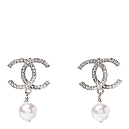 Chanel Crystal Pearl CC Drop Earrings Silver 1 of 4