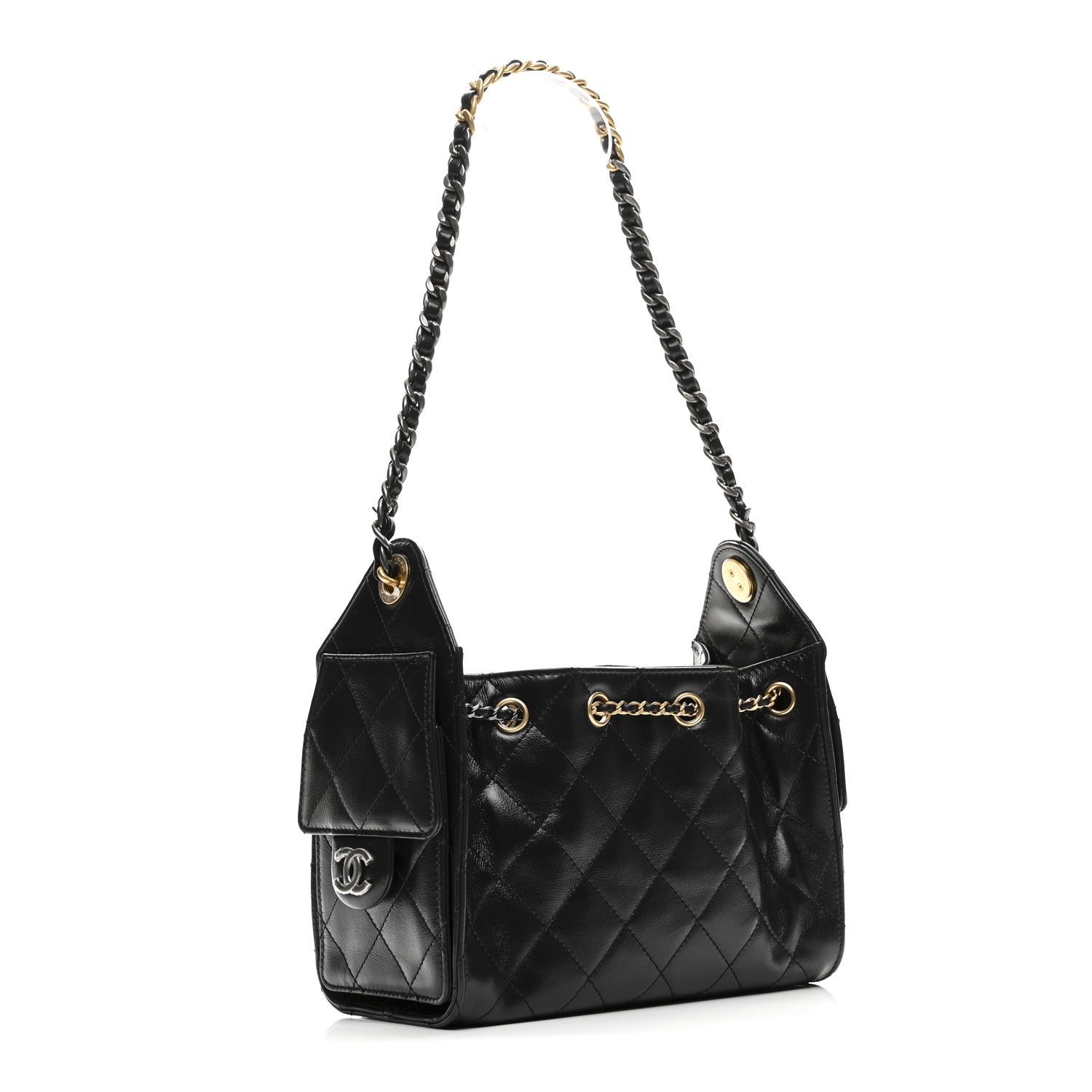 Chanel Shiny Crumpled Quilted Mini Chanel 25 Handbag Black 1774613