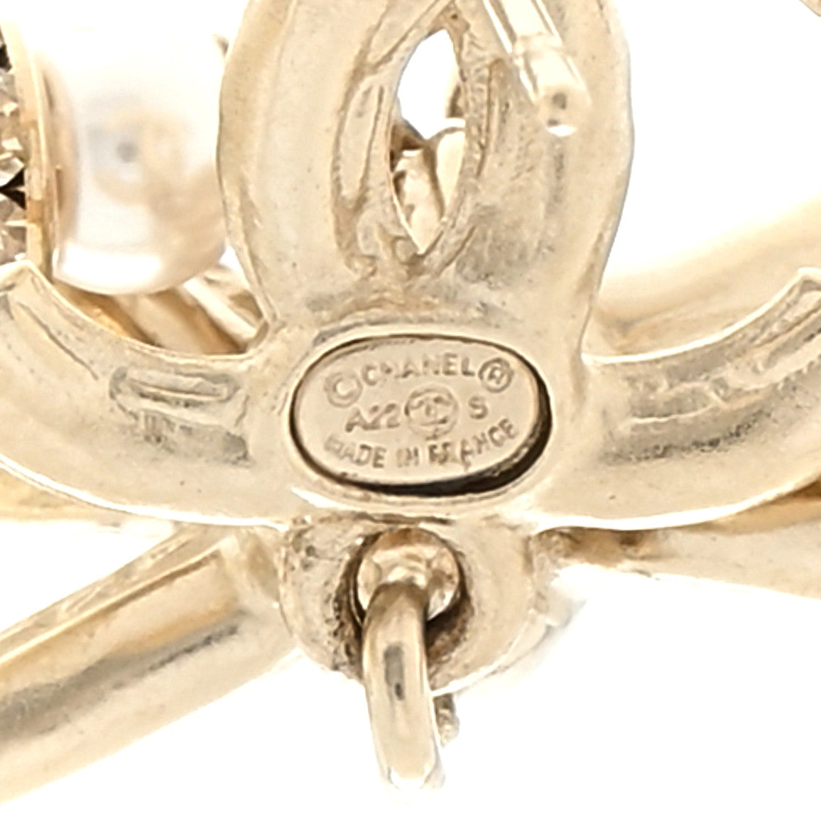 Chanel Pearl Crystal CC Bow Drop Earrings Gold Pearly White 4 of 4