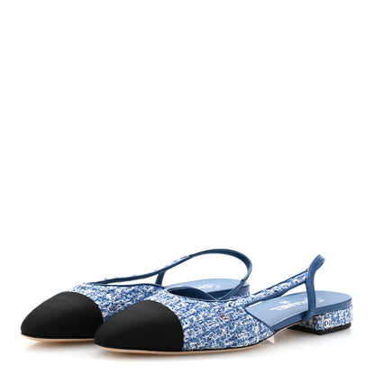 Chanel Tweed Grosgrain Cap Toe Slingback Flats 39.5 Blue White Black 4 of 10