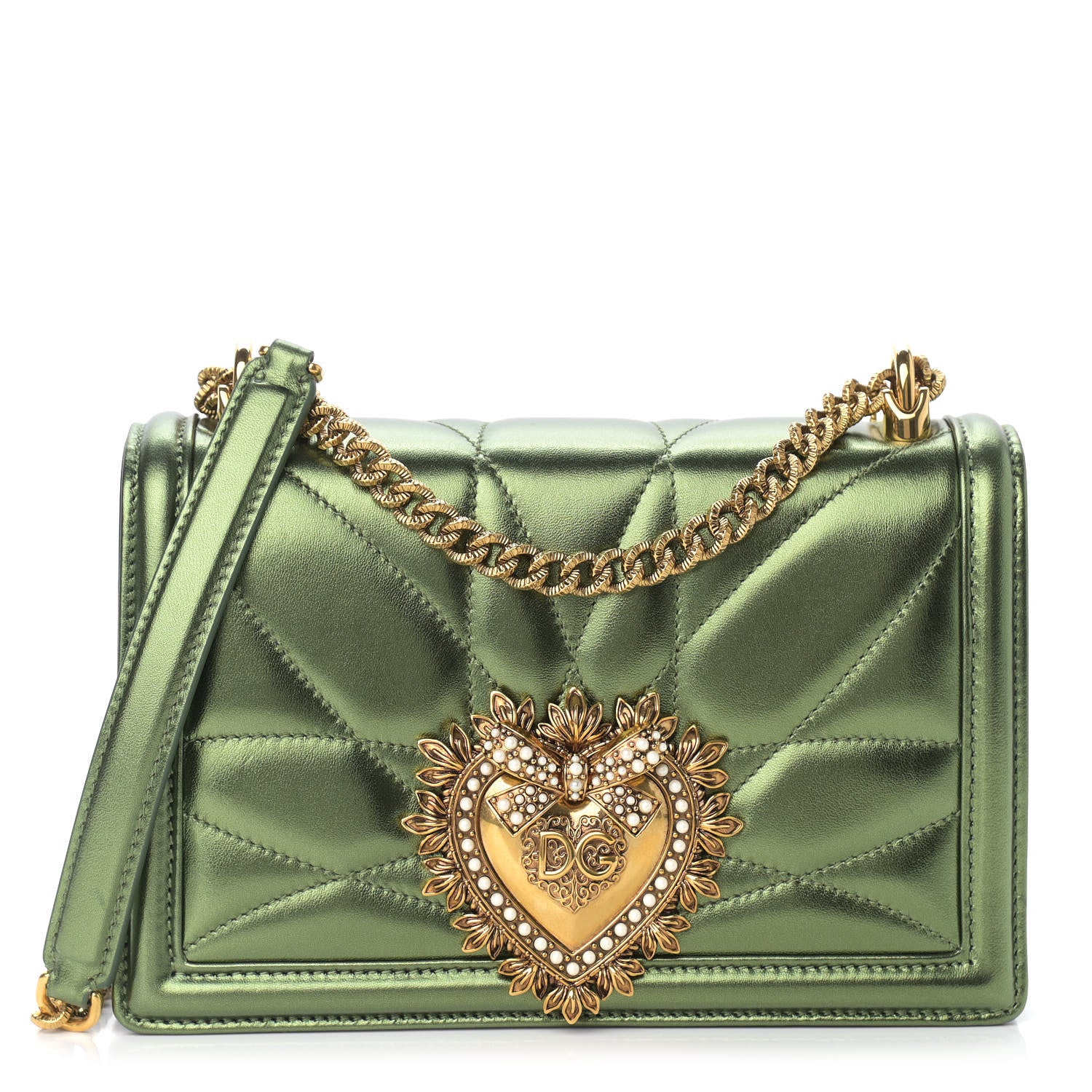 Dolce & Gabbana Metallic Calfskin Medium Devotion Crossbody Bag Green 1 of 9
