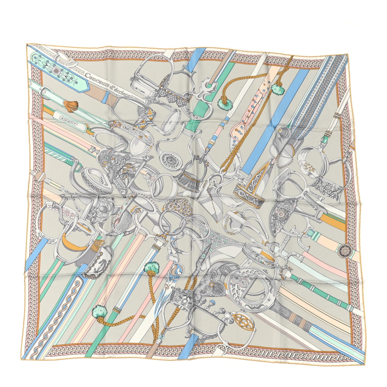 Hermes Silk Concours D'Etriers Scarf 90 Gris Perle Bleu 1 of 3