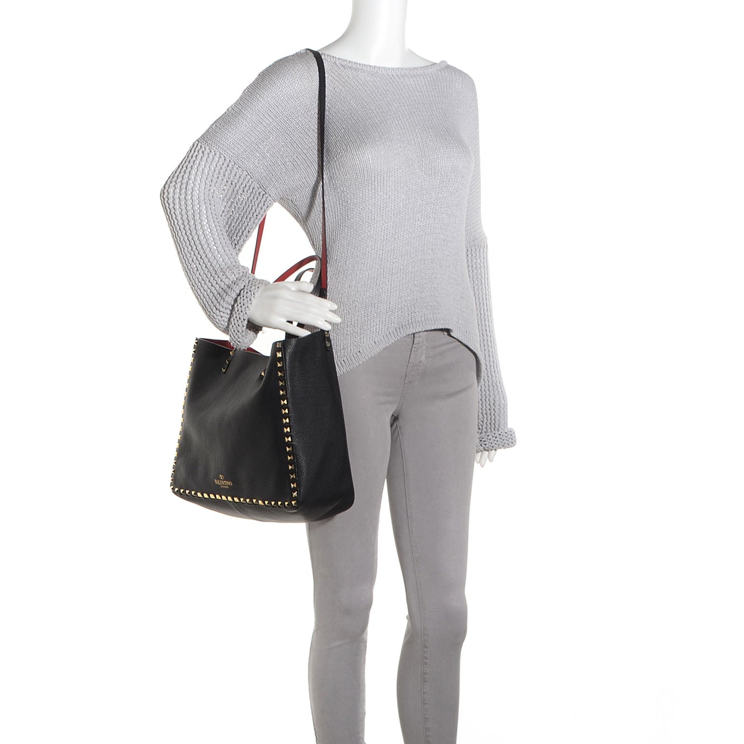 Pebbled Calfskin Medium Rockstud Reversible Tote Black Rosso Valentino