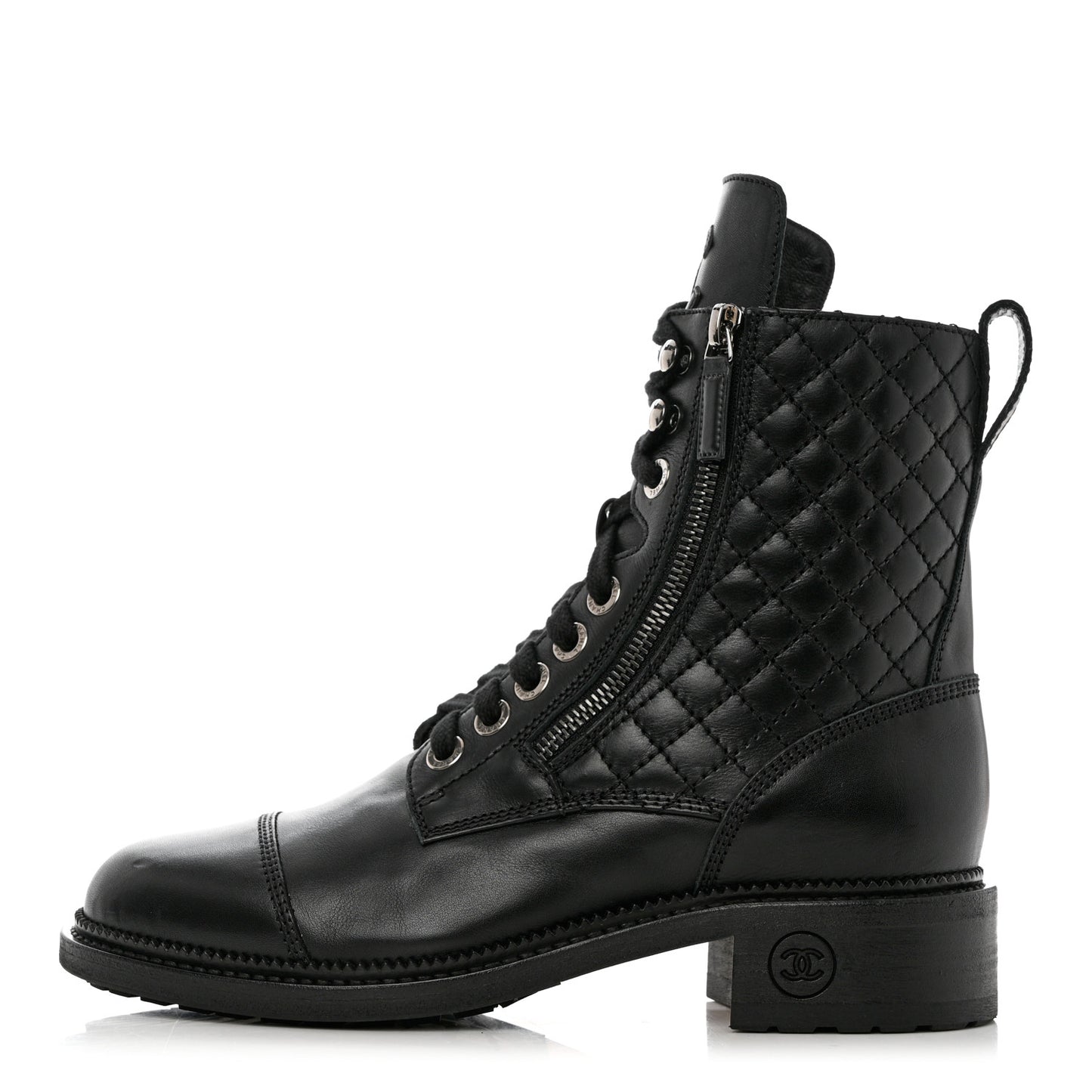 Calfskin Quilted Lace Up Combat Boots 38.5 Black