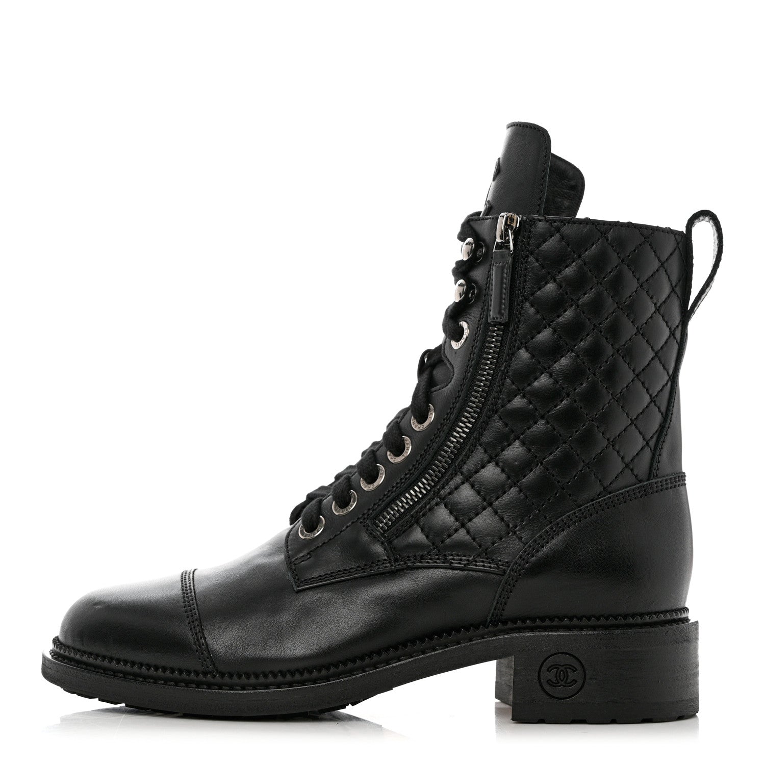 Chanel Calfskin Quilted Lace Up Combat Boots 38.5 Black 1 of 10