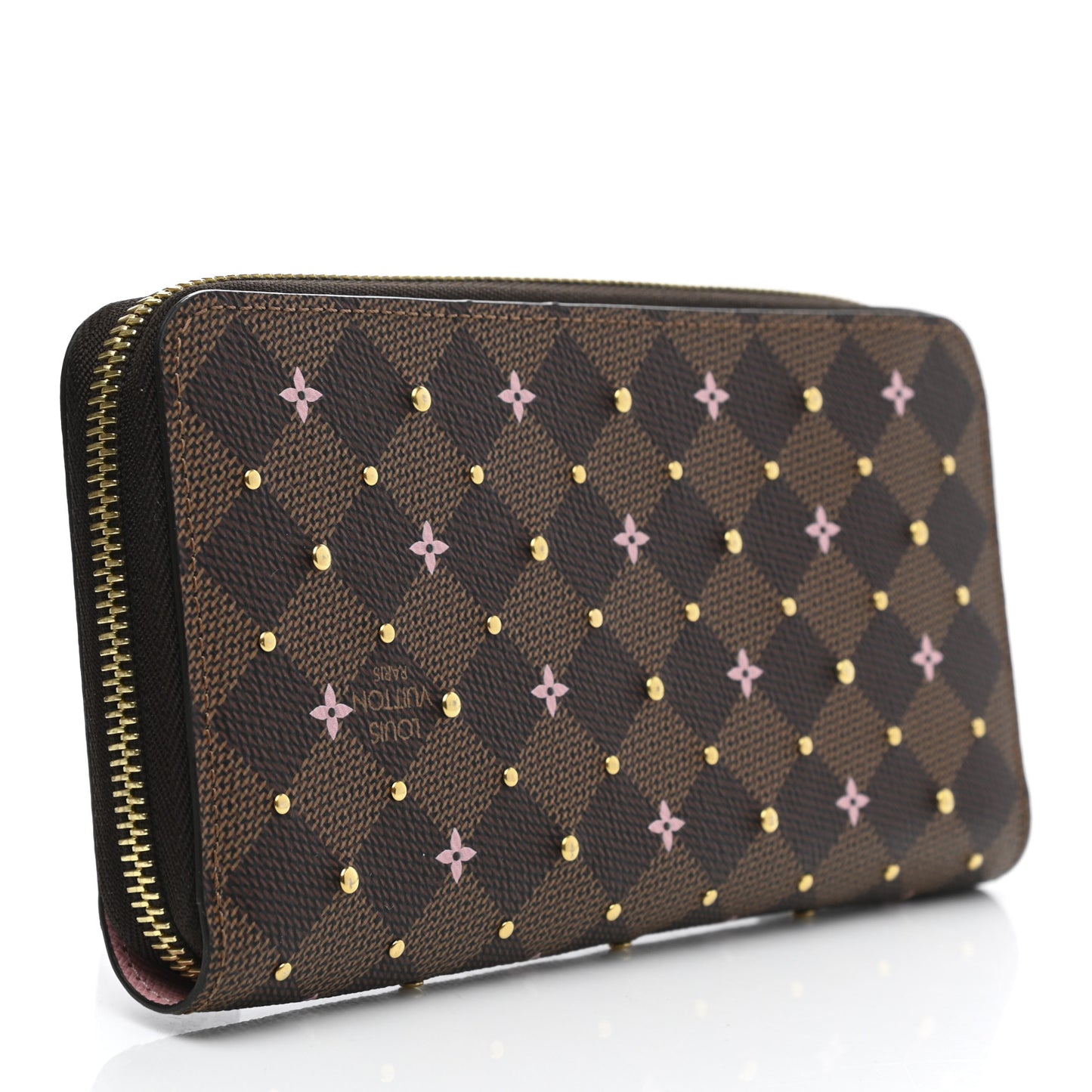 Damier Ebene Studded Zippy Wallet Rose Ballerine