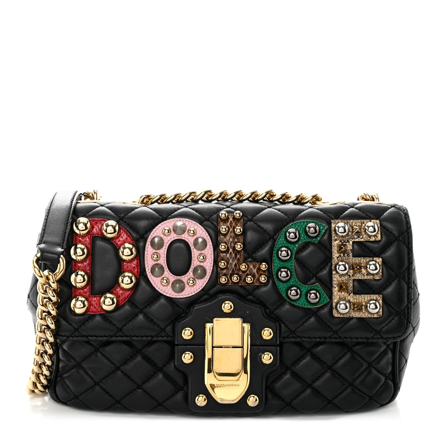 Lambskin Watersnake Embellished Lucia Shoulder Bag Black