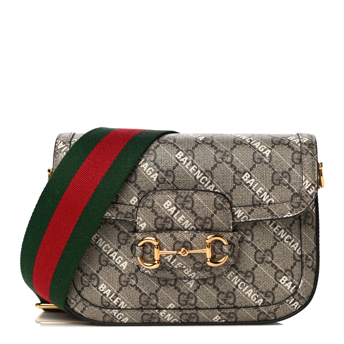 X BALENCIAGA GG Supreme Monogram Web Logo Print Mini Horsebit 1955 Shoulder Bag Beige Ebony