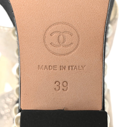 Chanel Metallic Crumpled Calfskin Grosgrain Pearl Wedge Sandals 39 Black Silver 8 of 9