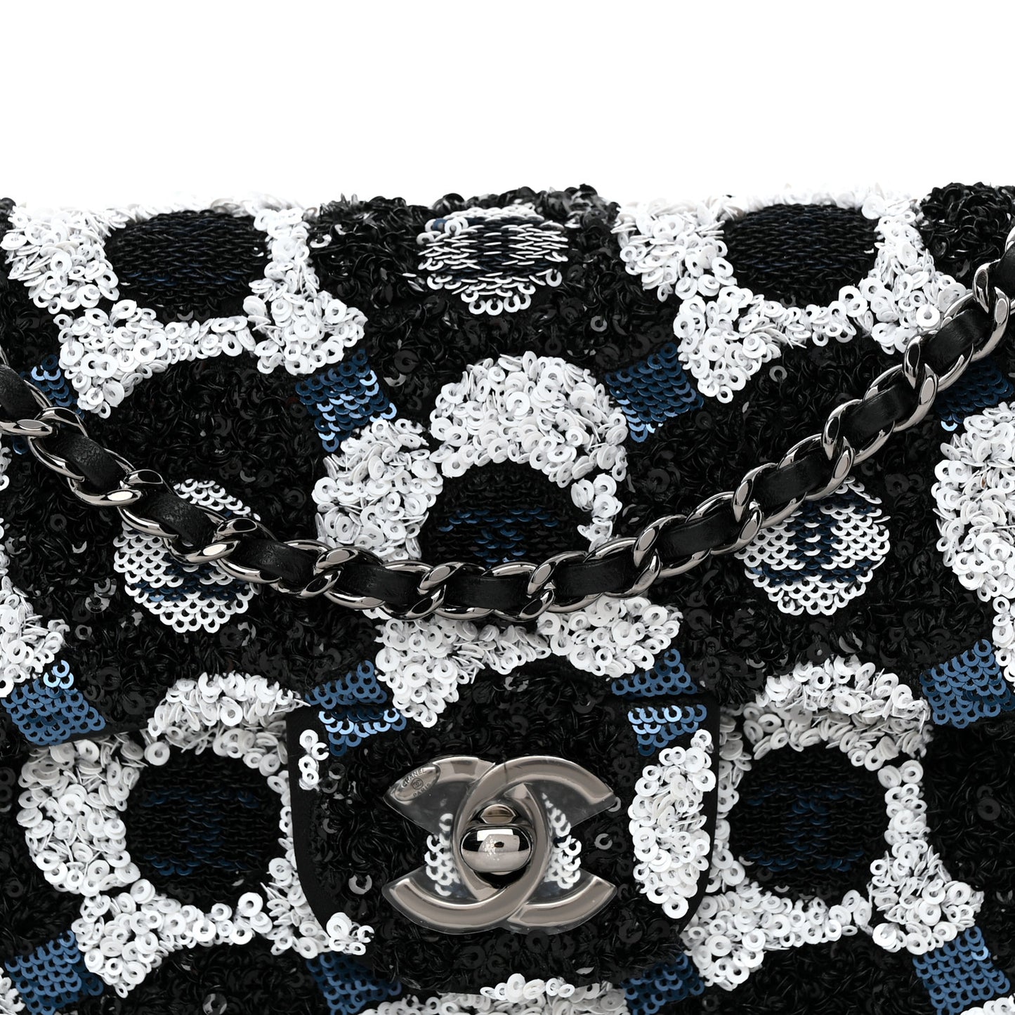 Satin Sequin Embellished Flower East West Flap Black White Blue