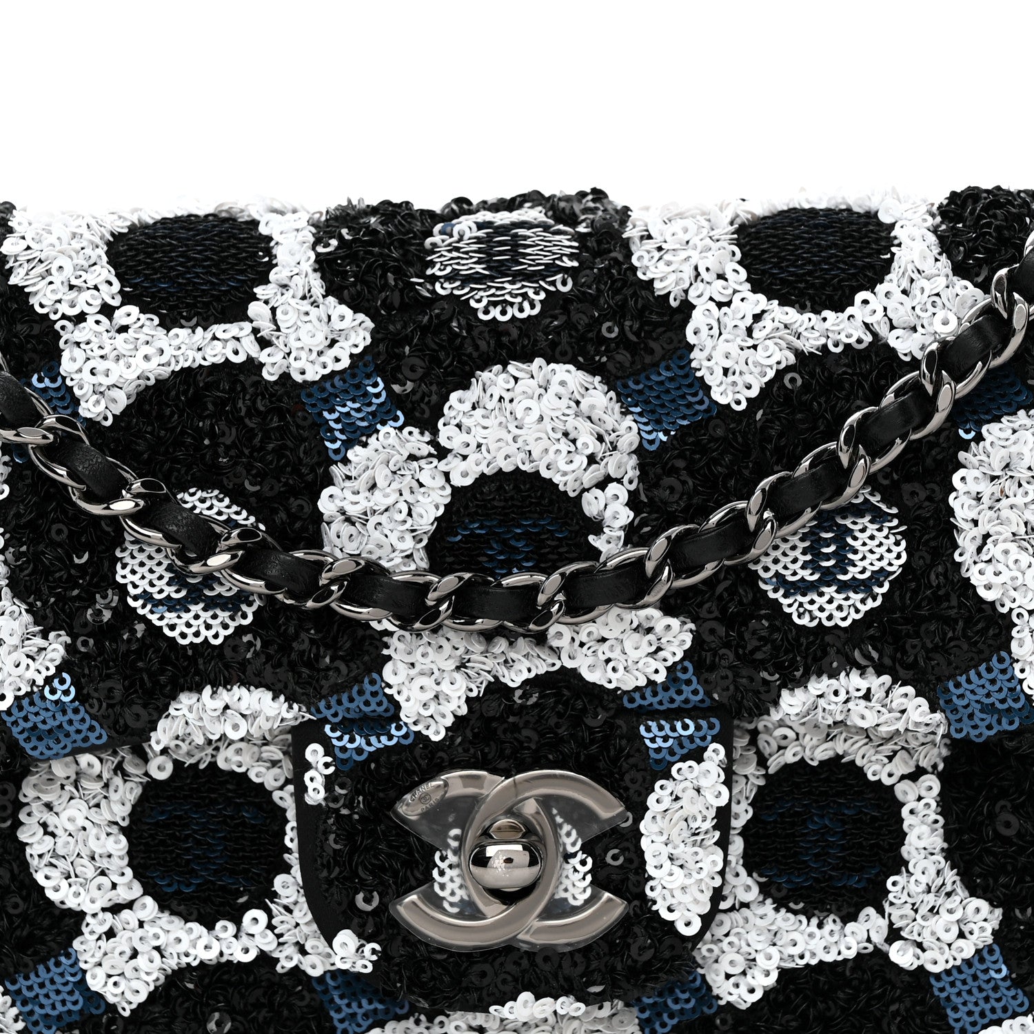 Chanel Satin Sequin Embellished Flower East West Flap Black White Blue 8 of 10