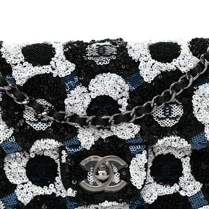 Chanel Satin Sequin Embellished Flower East West Flap Black White Blue 8 of 10