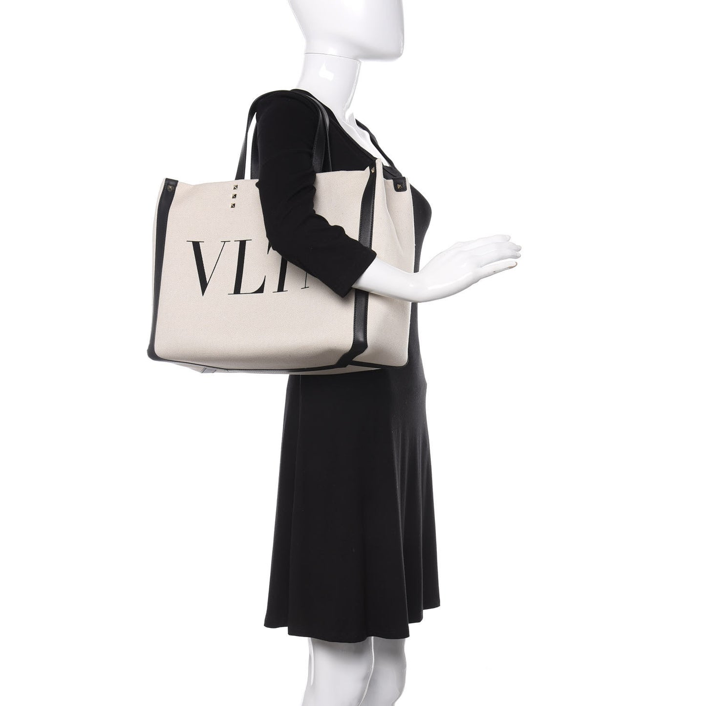 Canvas Calfskin VLTN Print Small Rockstud Tote Naturale Black