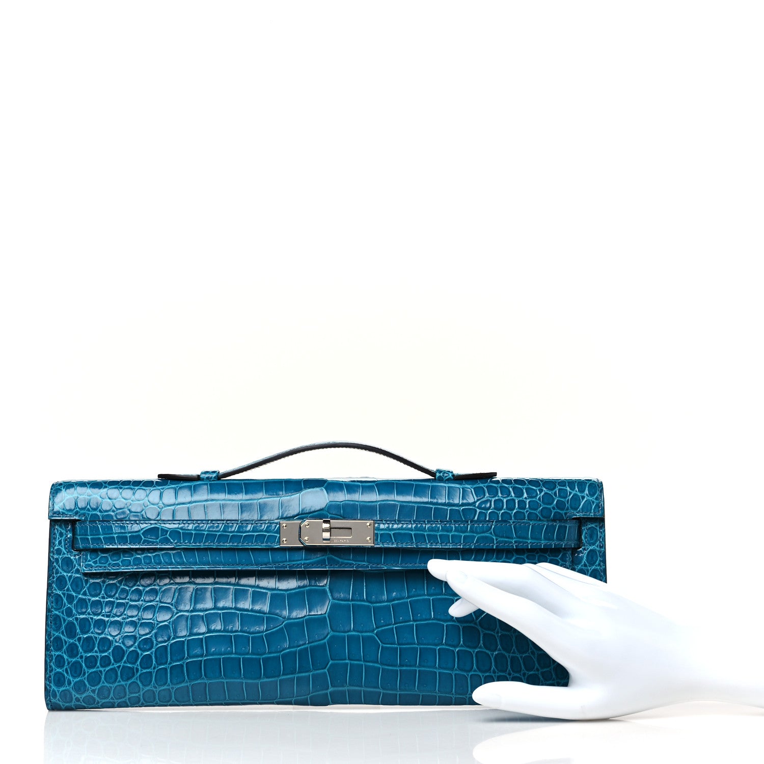 Hermes Shiny Porosus Crocodile Kelly Cut Pochette Bleu Izmir 2 of 11