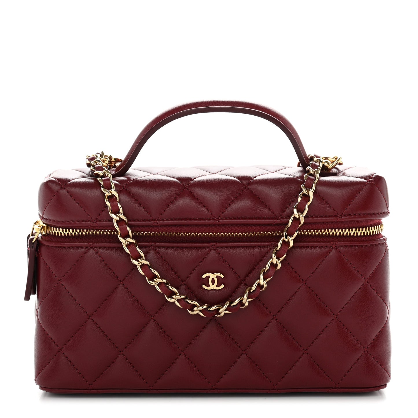 Lambskin Quilted Top Handle Slim Vanity With Chain Burgundy