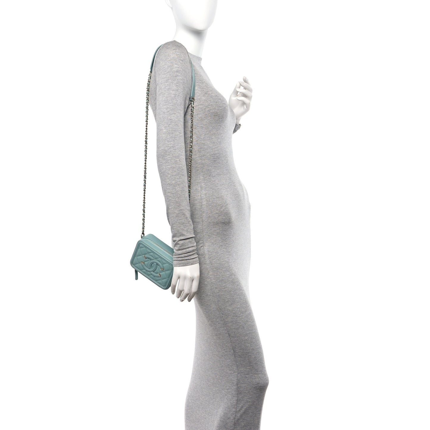 Caviar Quilted Filigree Vanity Clutch With Chain Light Blue