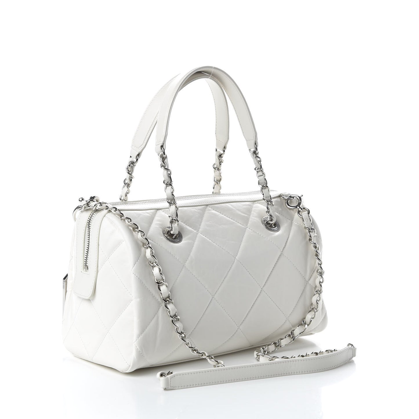 Calfskin Quilted Small CC Bowling Bag White