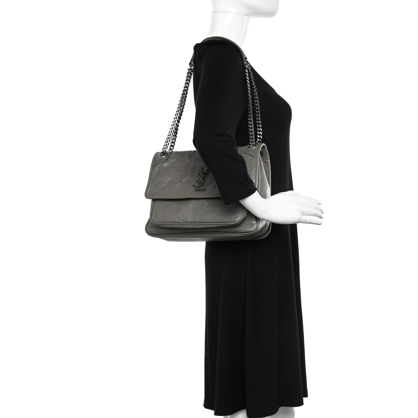 Crinkled Calfskin Matelasse Monogram Medium Niki Chain Satchel Fog