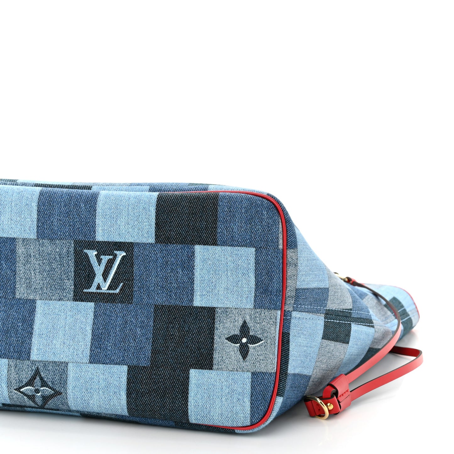 Denim Damier Monogram Patchwork Neverfull Blue Rouge