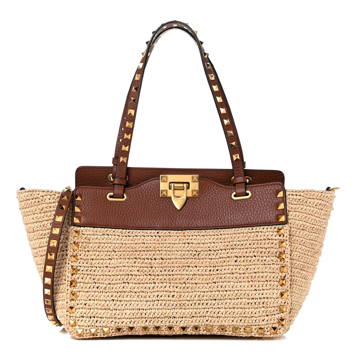 Valentino Garavani Raffia Calfskin Small Rockstud Tote Naturale Saddle Brown 1 of 8