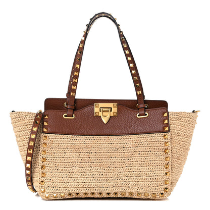 Valentino Garavani Raffia Calfskin Small Rockstud Tote Naturale Saddle Brown 1 of 8