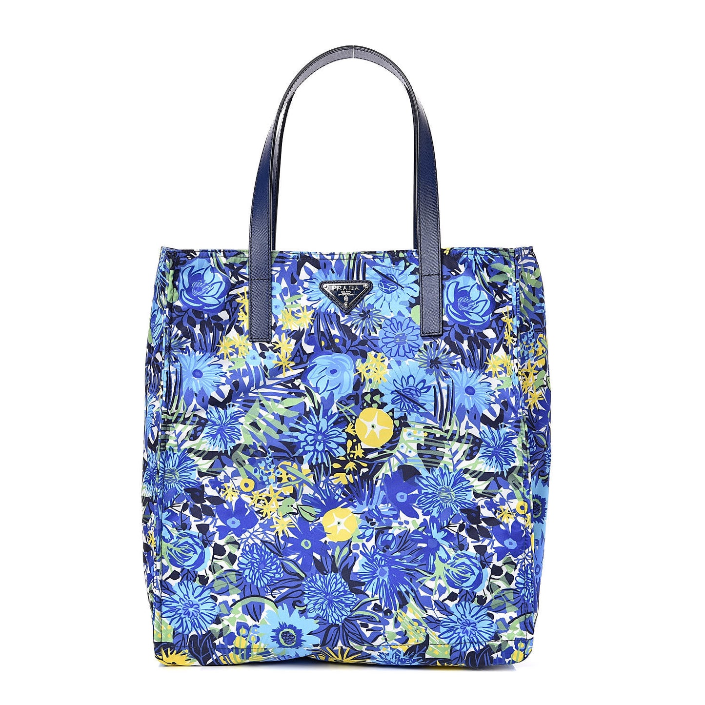 Tessuto Nylon Saffiano Floral Print Tote Bluette Dis Primule
