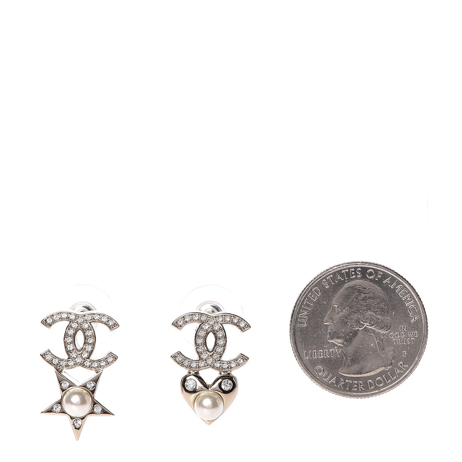 Chanel Crystal Pearl Charming Winter CC Star Heart Earrings Gold 2 of 4
