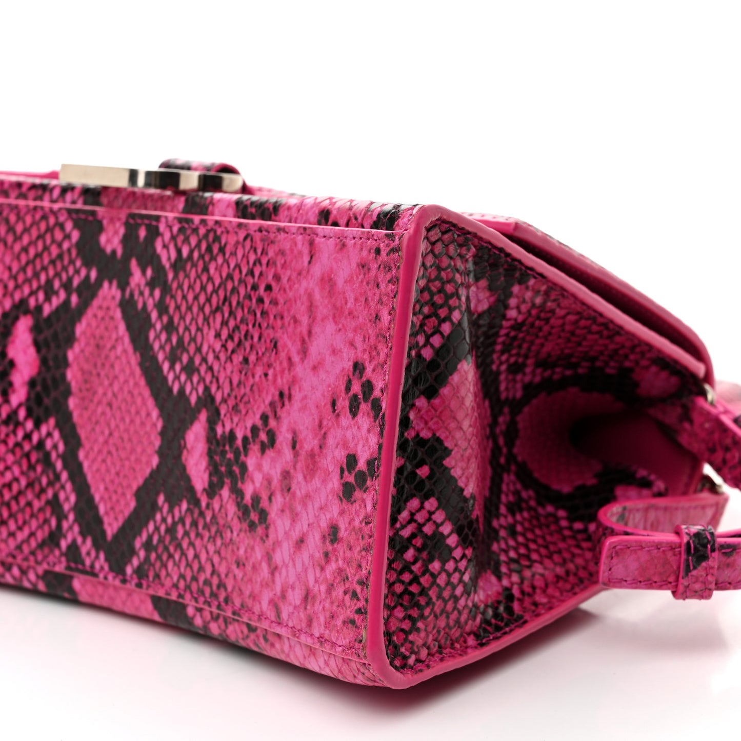 Shiny Calfskin Python Effect Small Hourglass Top Handle Bag Fuchsia Black