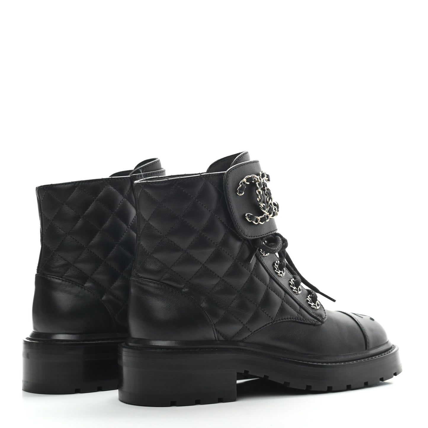 Lambskin Calfskin Quilted Lace Up Combat Boots 35 Black