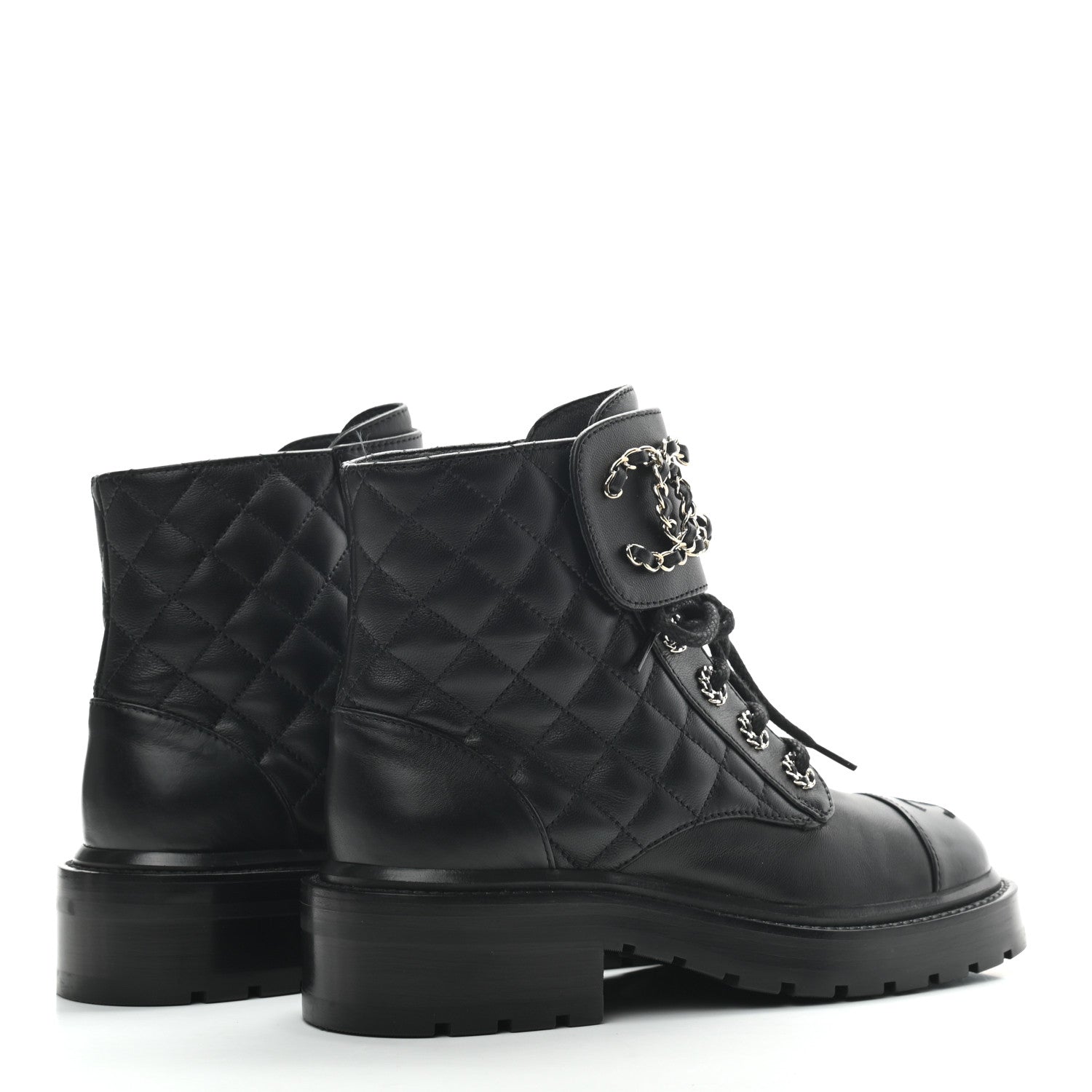 Chanel Lambskin Calfskin Quilted Lace Up Combat Boots 35 Black 4 of 7