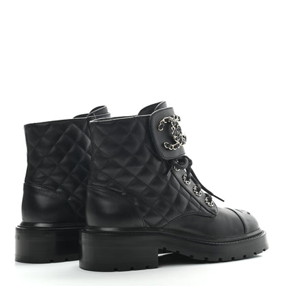 Chanel Lambskin Calfskin Quilted Lace Up Combat Boots 35 Black 4 of 7