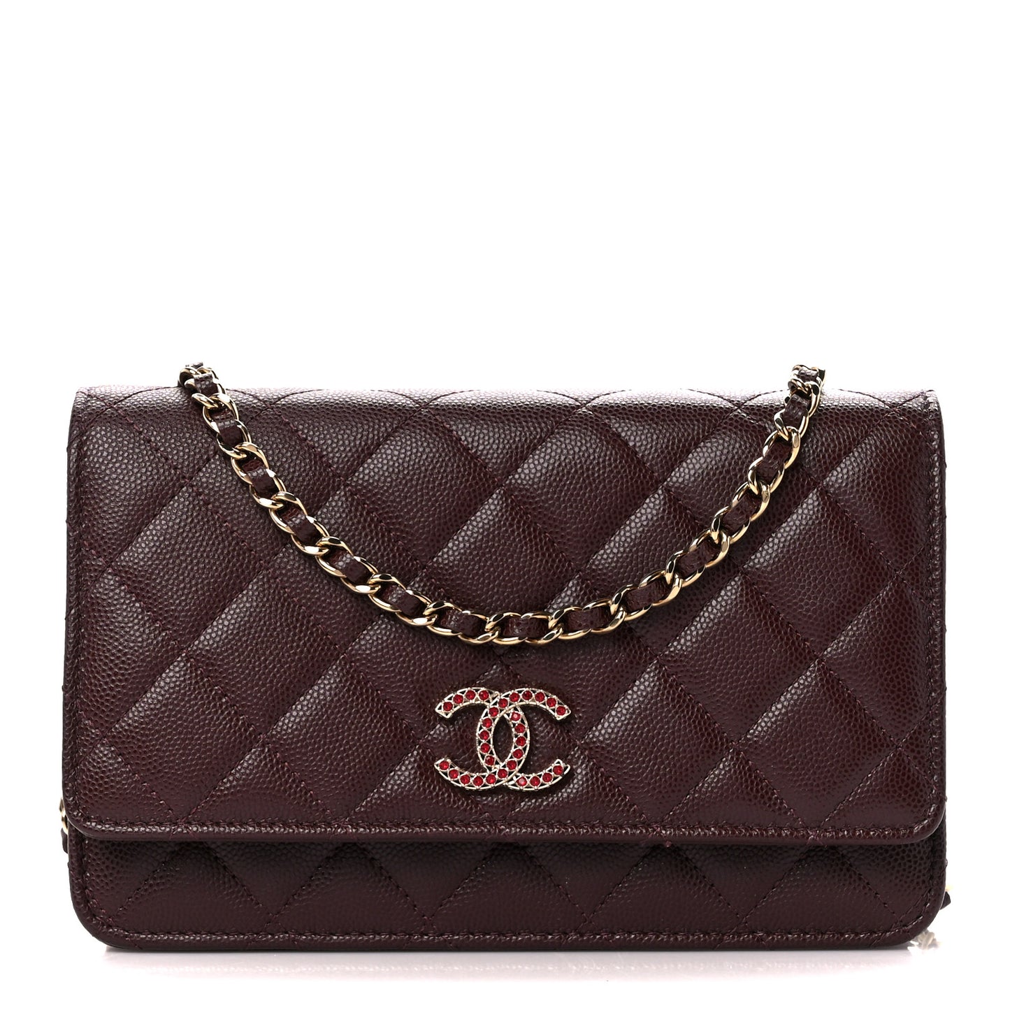 Shiny Caviar Quilted Strass Wallet On Chain WOC Bordeaux