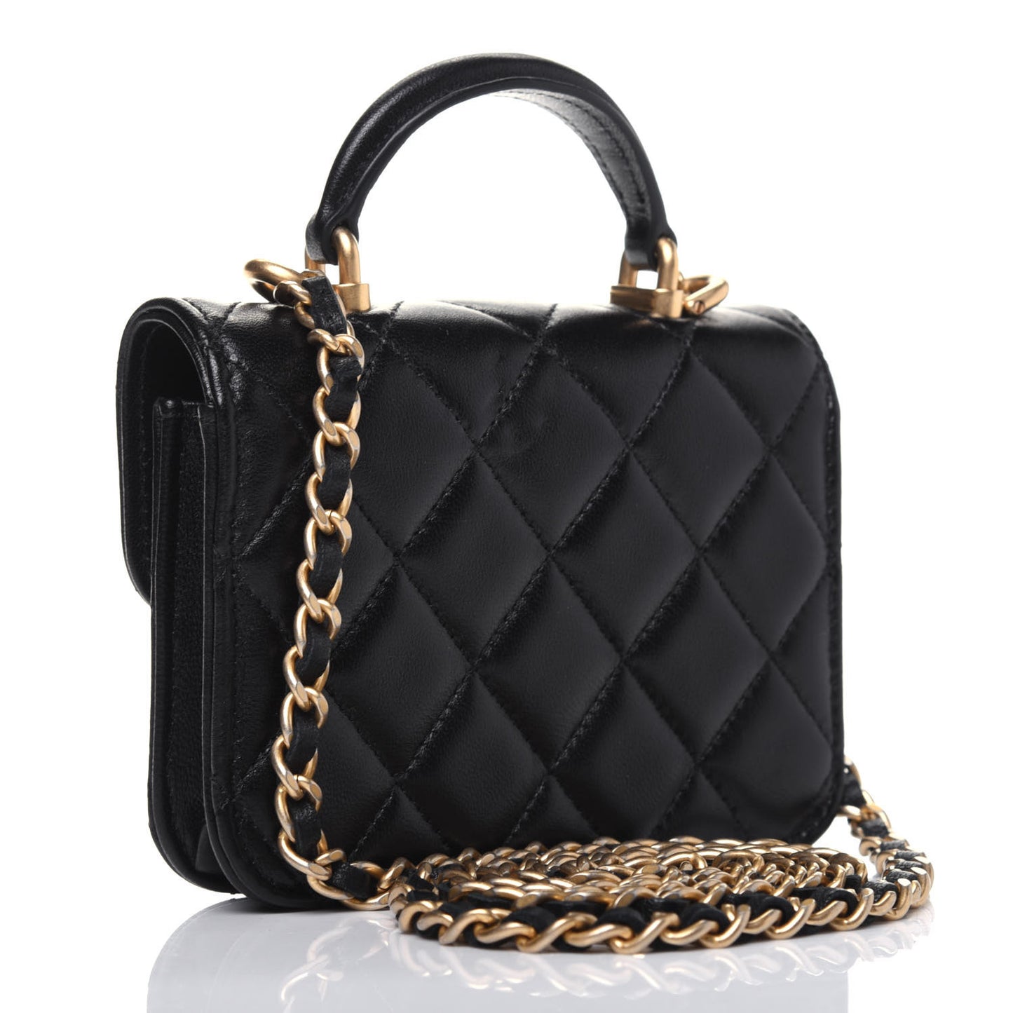 Lambskin Quilted Top Handle Flap Coin Purse With Chain Black