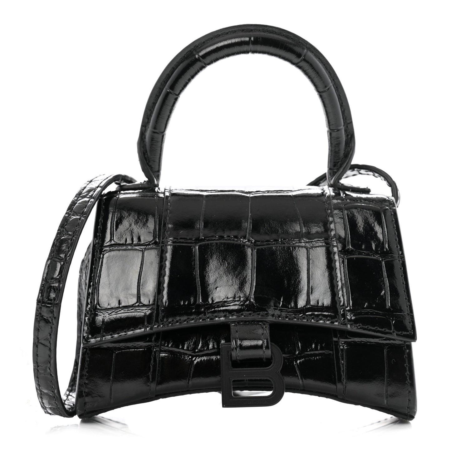 Shiny Calfskin Monochrome Crocodile Embossed Hourglass Top Handle Bag Mini Black