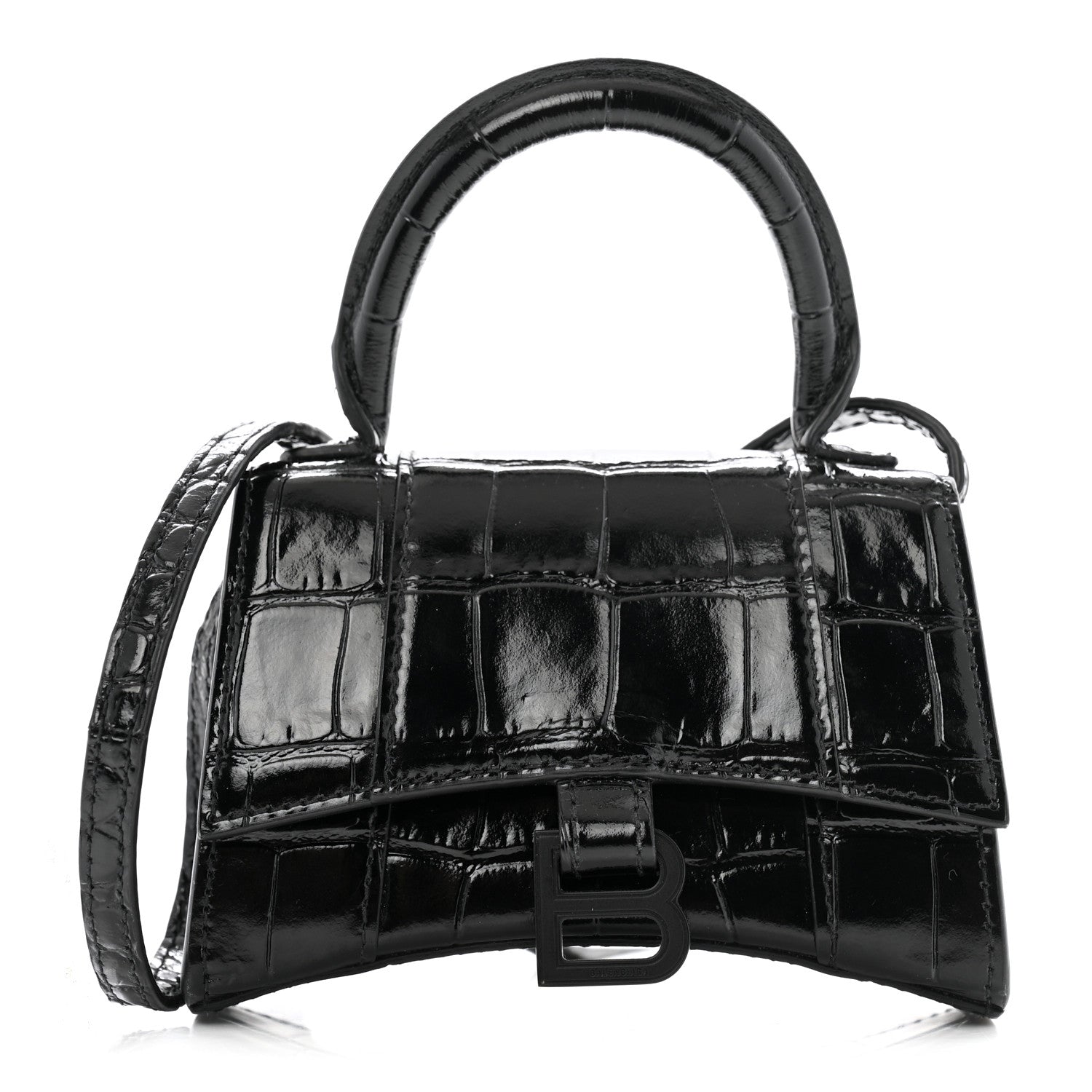 Balenciaga Shiny Calfskin Monochrome Crocodile Embossed Hourglass Top Handle Bag Mini Black 1 of 10