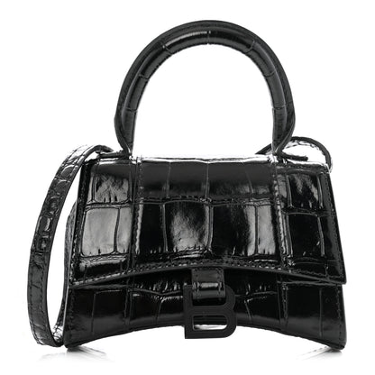Balenciaga Shiny Calfskin Monochrome Crocodile Embossed Hourglass Top Handle Bag Mini Black 1 of 10