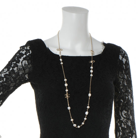 Chanel Pearl Crystal CC Ribbon Necklace Gold 2 of 5