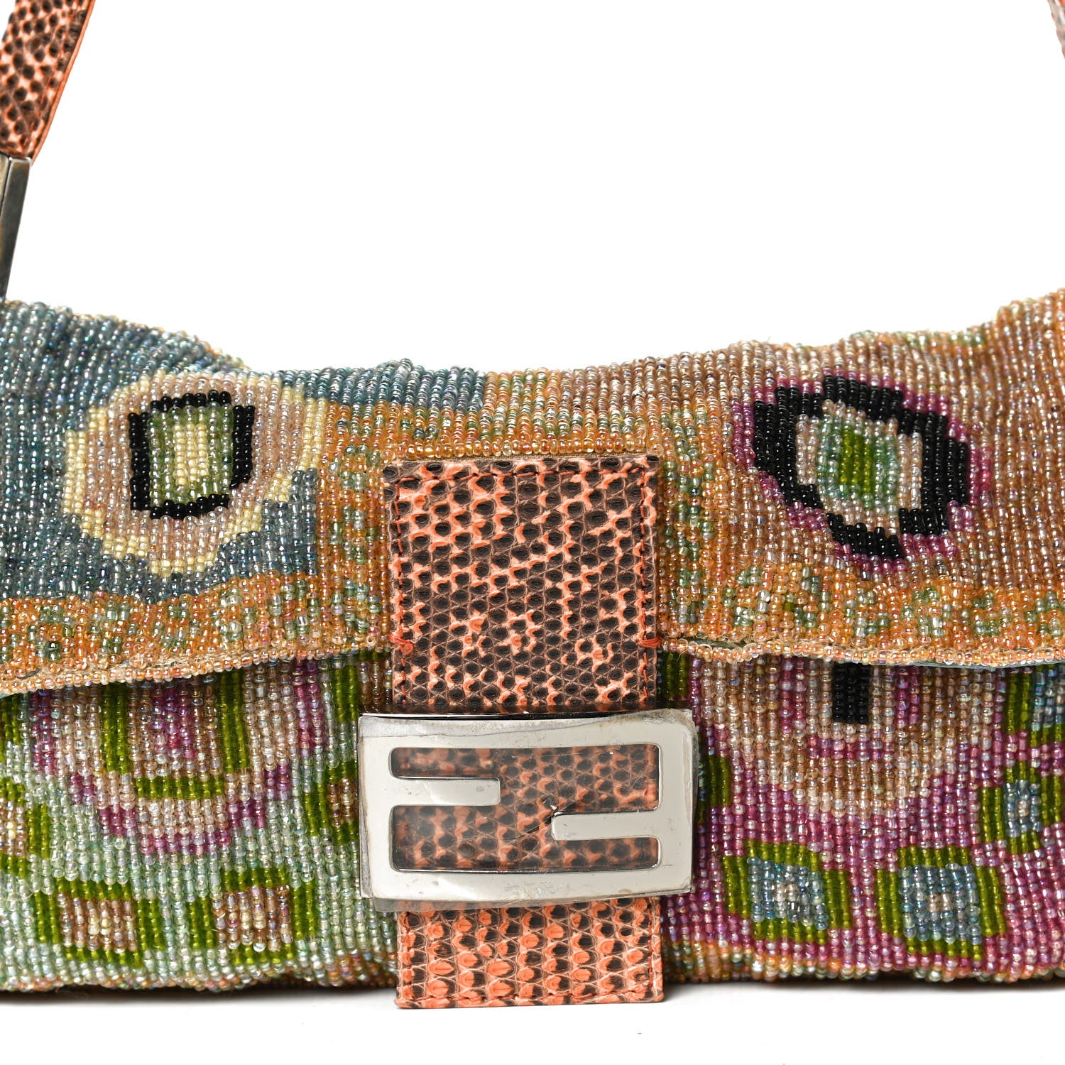 Fendi Wool Embroidered Beaded Lizard Baguette 7 of 12