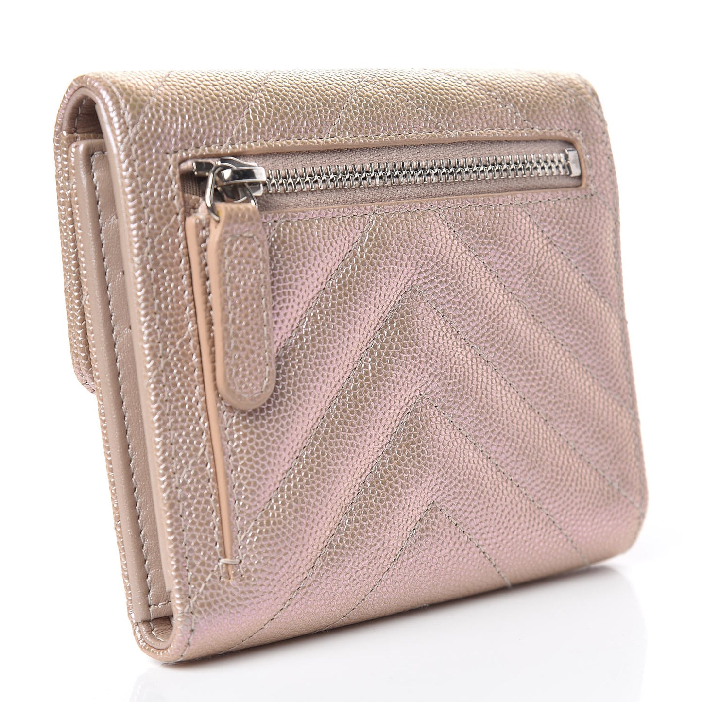 Metallic Caviar Chevron Quilted Compact Flap Wallet Light Gold