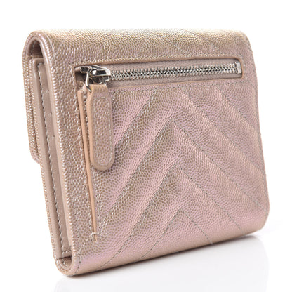 Chanel Metallic Caviar Chevron Quilted Compact Flap Wallet Light Gold 3 of 9